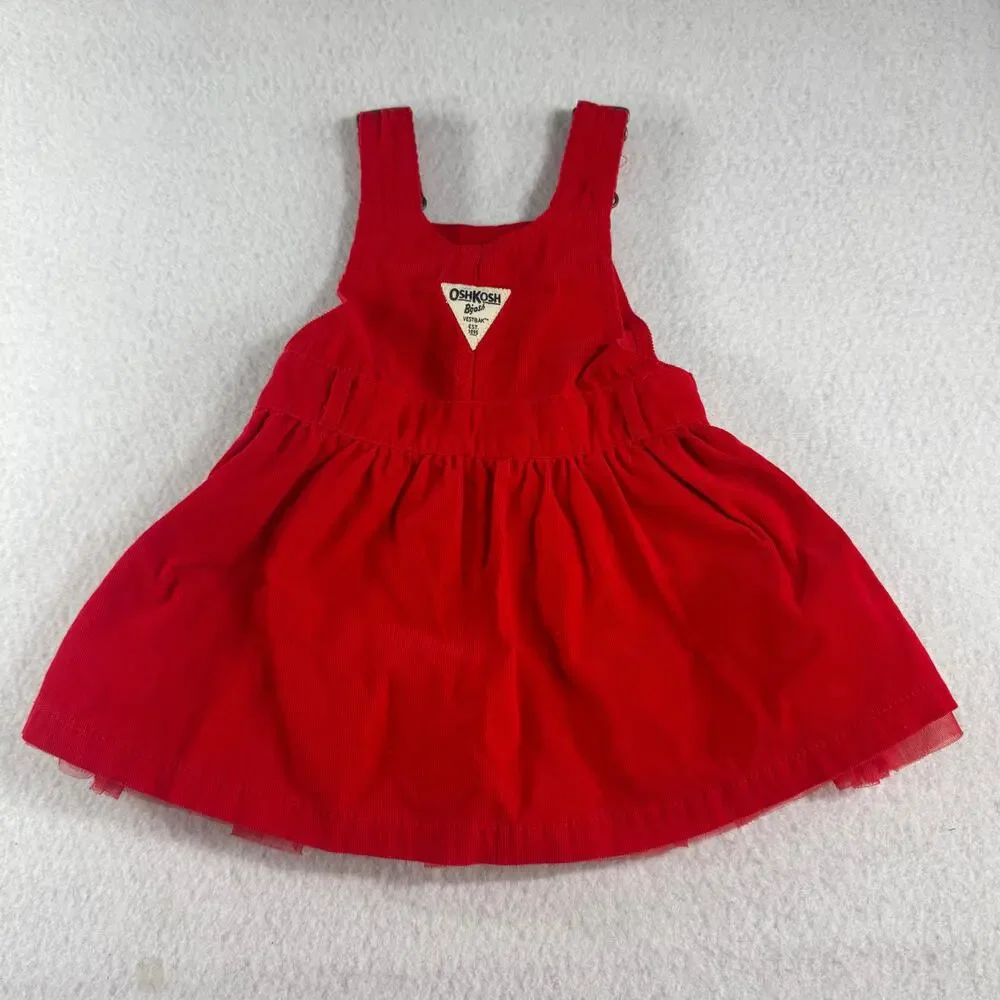 OshKosh B'Gosh 18M Corduroy Dress Red Ruffles Flower Rew White Blue